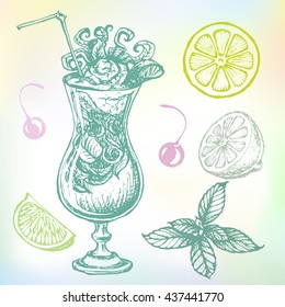 Mojito cocktail vector sketch illustration. Hand-drawn mojito or margarita cocktail set with ingredients: alcohol, tequila, lime, mint, orange, cherry, lemon, ice, lemon and citrus slices, juice.