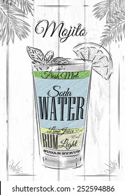 Mojito cocktail in vintage style drawing on wooden boards