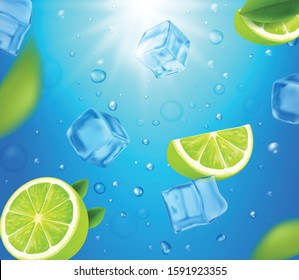 Mojito cocktails ads with lime fruit and ice cubes falling in blue shiny  water background, 3d illustration for package design, refreshing beverage poster