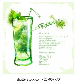 Mojito cocktails drawn watercolor.Recipes and ingredients on the background. Cocktails for your menu, parties, holidays.Vector series the author's work.