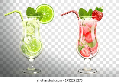 mojito cocktails lime and strawberries on a transparent background