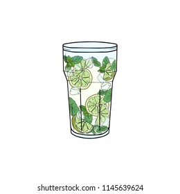 Mojito. Contemporary Classic cocktail. Hand sketched glass of fresh Mojito with lime, mint, ice. Vector illustration on white background made for menu design, bar, restaurant, print.