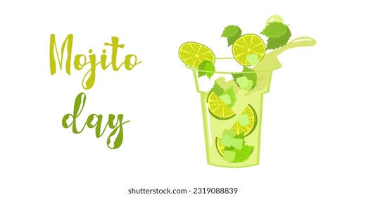 Mojito day. A refreshing delicious drink. Lime and mint. Filling the glass with ingredients. Banner, poster, postcard design. Vector flat illustration.