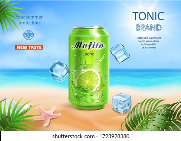 Mojito drink aluminium can ads with refreshing fruit and ice cubes on summer beach and blue ocean background 3d illustration