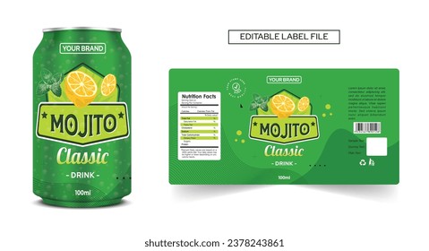 Mojito drink can label design Lemon Peppermint drink label, cocktail label design. Soda can vector, Energy drink mocktail, soft drink label template editable vector mojito design