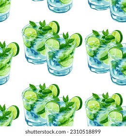 Mojito drink cocktail with mint leaves, ice and lime slices in glass. Summer cold non-alcoholic drink or cuban alcoholic mojito cocktain vector seamless pattern in hand painted style.