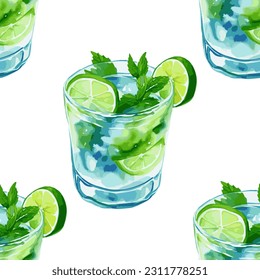 Mojito bebe un cóctel con hojas de menta, hielo y lonchas de cal en vidrio. Bebé no alcohólico de verano frío o mojito cubano alcohólico vector de cóctel sin fisuras en estilo pintado a mano.