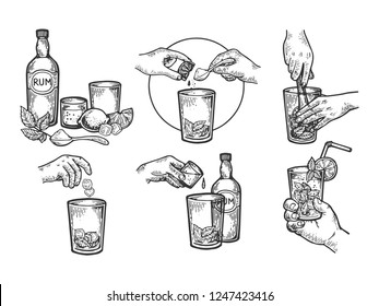 Mojito drink creation instructions engraving vector illustration. Scratch board style imitation. Black and white hand drawn image.