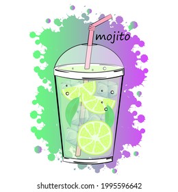 Mojito drink with ice, mint and lemon in plastic cup. Doodle. Vector illustration.