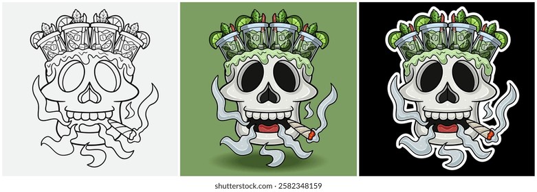 Mojito Drink Inside Skull Head With Smoking Character Cartoon. Black White, Colorful and Sticker Style. For T shirt print, Brand Logo, Label and Mascot product. Vectors Illustrations