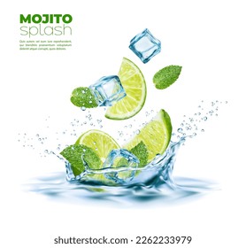 Mojito drink, lime with corona water splash and ice cubes. 3d vector falling citrus fruit pieces, mint leaves, liquid splashing drops and frozen blocks. Realistic flow, cocktail refreshing beverage