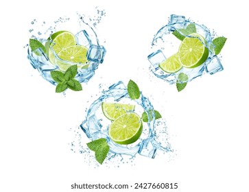 Mojito trinken. Limettenfrucht mit Eiswürfeln, Minzblättern und Wasserspritzer. Erfrischende Symphonie, geküsst von der kühlen Umarmung von Rum und Soda, die ein lebendiges und belebendes tropisches Gefühl erzeugt