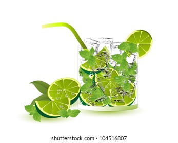 Mojito drink with limes, mint and ice cubes