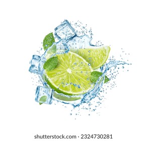 Mojito drink with mint leaves, lime, ice cubes and splash. 3d vector water splatters with citrus fruit slice, drops and frozen blocks. Realistic liquid flow of lemonade, tea, cocktail, juicy beverage