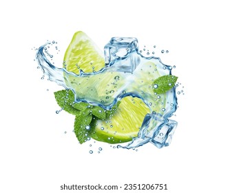 Mojito drink splash, lime, ice cubes and mint leaves. 3d vector swirl with citrus fruit slice, water drops and frozen blocks captured mid-air in motion. Realistic liquid flow, tea, refreshing beverage