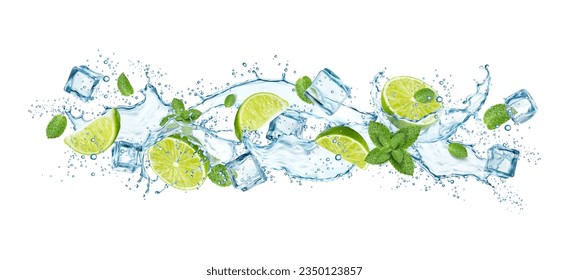 El Mojito bebe salpicado con una ola de agua realista, cubos de hielo, cal y hojas de menta. 3 d flujo vectorial líquido de limonada fría fresca, bebida refrescante de cóctel con bloques de hielo, cítricos y follaje de menta