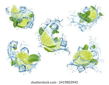 Mojito trinken Splash mit Kalk, Eis Würfel und Minzblätter, Vektor Alkohol Cocktail. Realistische 3D-Strömung von Natronwasser, Zitronensaft, Eis, Rum und grüner Minze. Kubanischer Mojito-Cocktail-Splash-Set