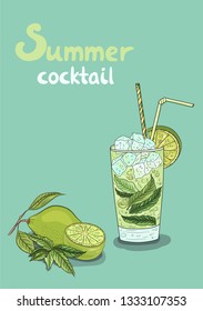 Mojito drink summer cocktail. Juicy vector illustration. Fresh summer drink. Lime, peppermint, ice, glass of juice