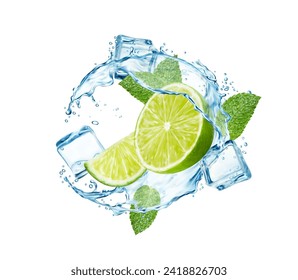 Mojito drink. Water splash with lime, ice cubes and mint leaves. 3d vector wave or swirl with citrus fruit pieces, liquid splashing drops and frozen blocks. Realistic cocktail refreshing beverage flow