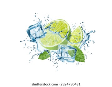 Mojito drink wave splash with lime, ice cubes, water swirl and mint leaves. 3d vector falling citrus fruit pieces, liquid splashing drops and frozen blocks. Realistic cocktail refreshing beverage flow