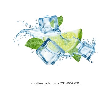 Mojito drink wave splash with lime, ice cubes, water swirl and mint leaves. Realistic 3d vector beverage explosion with citrus slice, water drops, peppermint and frozen icy blocks, cold cocktail flow