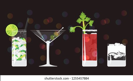 Mojito, Dry Martini, Bloody Marry and White Russian on black mirrored background with bokeh. Vector illustration for web and print,  party invitation or menu decoration