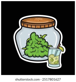 Sabor de mojito con la mascota de la historieta de Weed Bud en tarro. Para pegatina y etiqueta. Vector e ilustración.