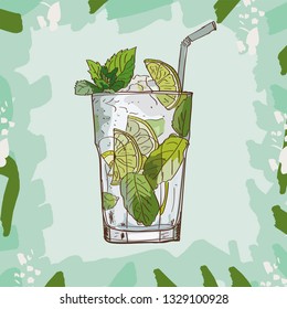 Mojito fresh Contemporary classic cocktail illustration collection. Alcoholic cocktails hand drawn vector illustration set. Menu design item of sketch bar drink glass.