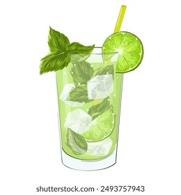 Mojito in glass. Cartoon glass with non-alcoholic refreshing drink. Vector lemonade in transparent glass. Beverage with mint, lime, soda. Summer drink. Print for menu, restaurants, stickers.