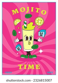 Mojito glass character in comic cartoon style on striped sunburst background. Hand drawing of funny mascot in retro style. Template vector illustration for posters, covers and prints