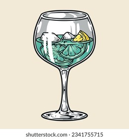 Mojito in glass colorful label with cold drink with lemon or lime slices and ice cubes vector illustration