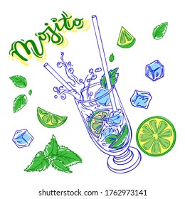 Mojito in a glass cube, spray, with pieces of lime and ice, color outline, hand drawn, vector illustration