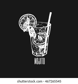 Mojito glass isolated. Vector illustration of alcoholic cocktail. Hand drawn sketch of mojito with slice of lime and straw. Restaurant, bar menu design. Cocktail party icon. Template for card poster