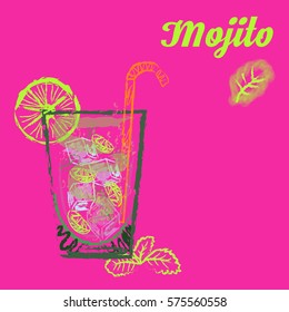 Mojito glass isolated. Vector illustration of alcoholic cocktail. Hand drawn sketch of mojito with slice of lime and straw. Bar menu design. Cocktail party icon. Template for card and poster