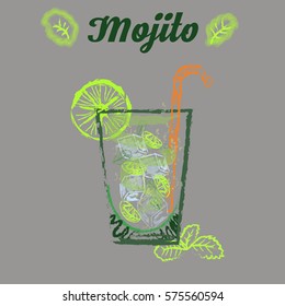 Mojito glass isolated. Vector illustration of alcoholic cocktail. Hand drawn sketch of mojito with slice of lime and straw. Bar menu design. Cocktail party icon. Template for card and poster