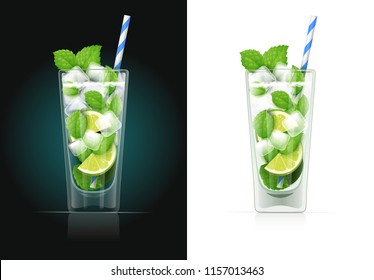 Mojito glass with pipe. Alcohol cocktail. Alcoholic classic drink with lime. Isolated white background. EPS10 vector illustration.