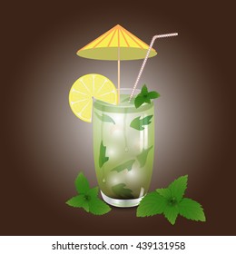 mojito in glass with straw and umbrella in dark