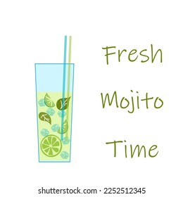 Mojito in a glass with tube for drinking. Alcohol or non-alcoholic cocktail. Classic cocktail with lime, mint and ice. Flat Vector illustration on white background with text. Summer party drink.