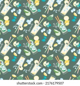 Mojito hand draw seamless pattern. Glass of mojito with ice cubes, mint leaves and lime outline. Vector illustration.