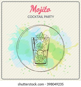 Mojito. Hand drawn vector illustration of cocktail. Colorful watercolor background