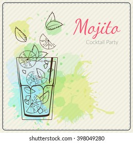 Mojito. Hand drawn vector illustration of cocktail. Colorful watercolor background