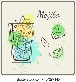 Mojito. Hand drawn vector illustration of cocktail. Colorful watercolor background