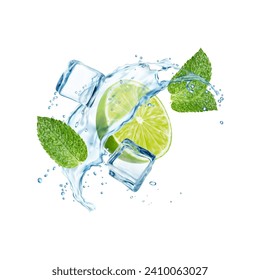 Mojito, ice cubes, lime fruit, realistic water splash and mint. 3d vector wave swirl with citrus fruit half, water drops and frozen blocks. Isolated liquid flow, tea, cocktail or refreshing beverage