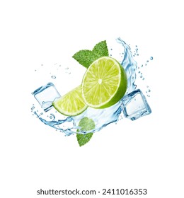 Mojito, ice cubes, lime fruit, realistic water splash and mint leaves. 3d vector beverage wave, transparent swirl with citrus fruit slices, drops and frozen icy blocks. liquid flow of tea or cocktail