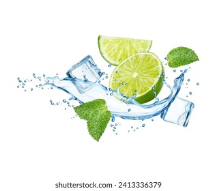 Mojito, cubos de hielo, fruta de cal, salpicaduras de agua realistas y hojas de menta. 3 d flujo vectorial líquido de té, cóctel, refrescante bebida. Giro o oleaje transparente con rodajas de cítricos, gotas y hielo