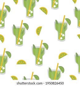 Mojito with ice, mint, lime slice and straw. Seamless pattern of green cocktails on a white background
