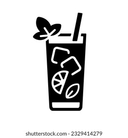 Mojito icon, black silhouette on white. Drink in tall glass with straw, rum cocktail with lime, mint leaves and ice cubes. Vector element for web design or logo, illustration of alcoholic beverage.