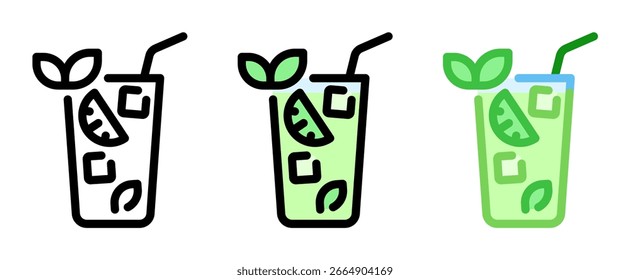 Mojito icon. A refreshing cocktail with rum, lime, mint, sugar, and soda water. Served over ice in a tall glass.