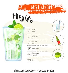 Mojito. Image Of A Cocktail And A Set Of Ingredients For Making A Drink At The Bar. Cartoon Style. Vector Illustration