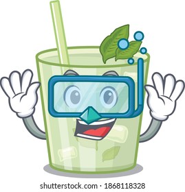 Mojito lemon cocktail mascot design swims with diving glasses